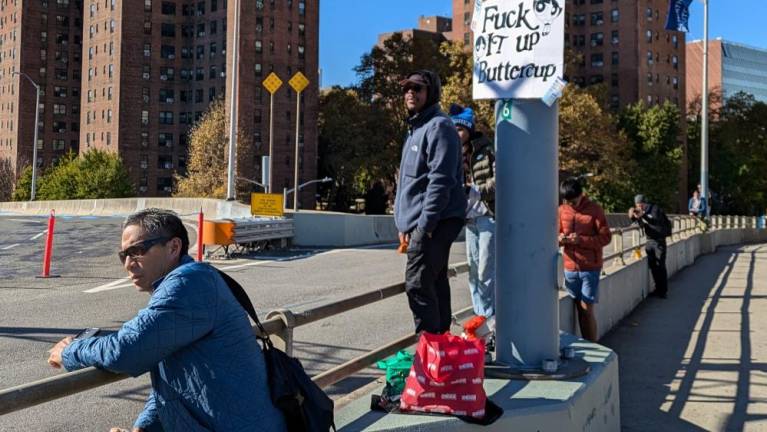 F*** It Up Buttercup”: ardent fans await their friends at the apex of Madison Avenue Bridge. Abraham Lincoln Houses, NYCHA, are on the East Harlem side.