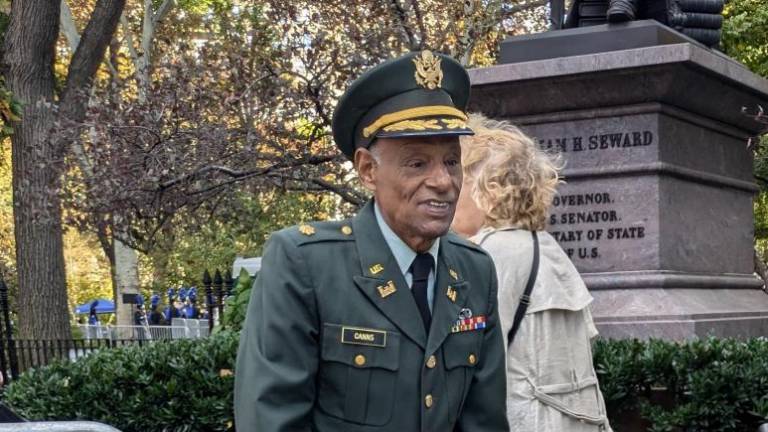 Army veteran at Madison Square Park before the parade.